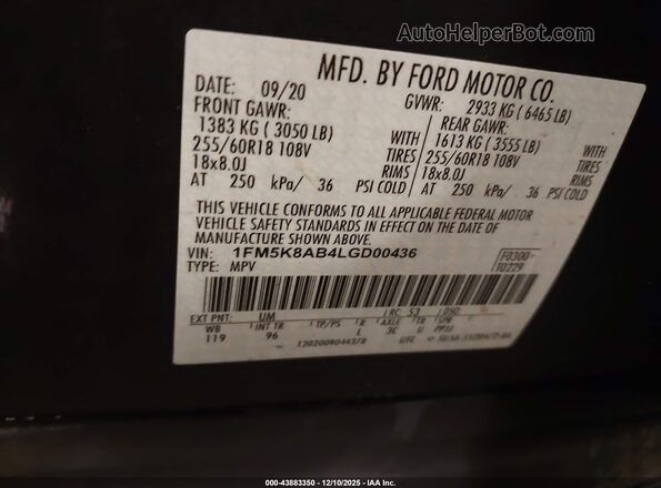 1FM5K8AB4LGD00436 2020 FORD POLICE INTERCEPTOR Black Շարժիչի բաժամունքի տեսք