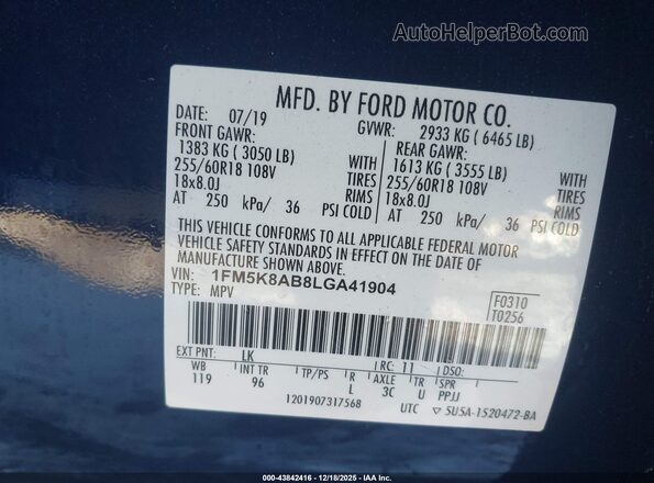 1FM5K8AB8LGA41904 2020 FORD POLICE INTERCEPTOR Blue ძრავის განყოფილების ხედი