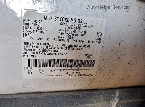 1FM5K8AB9NGA54681 2022 FORD FORD EXPLORER Белый Вид подкапотного пространства