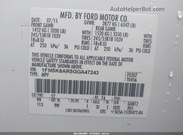 1FM5K8AR5GGA47243 2016 FORD UTILITY POLICE INTERCEPTOR White Вид підкапотного простору