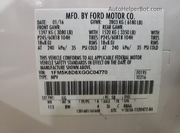 1FM5K8D8XGGC04770 2016 FORD FORD EXPLORER White Widok wnętrza 360 stopni