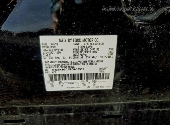 1FM5K8GC1RGA17551 2024 FORD FORD EXPLORER Black Панорамний вид салону 360°