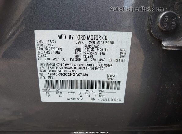 1FM5K8GC2NGA07489 2022 FORD FORD EXPLORER Серый Вид подкапотного пространства