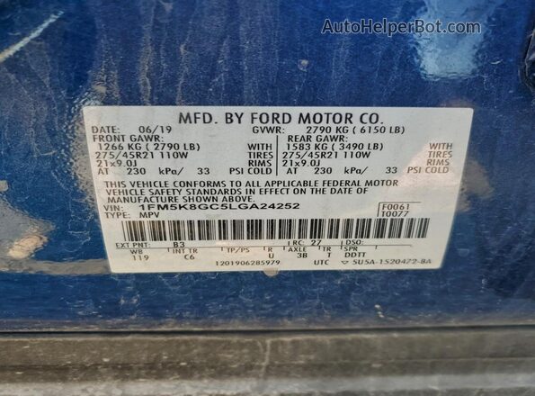1FM5K8GC5LGA24252 2020 FORD FORD EXPLORER Blue Vista de la etiqueta del VIN