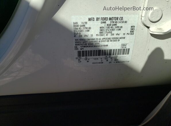 1FM5K8GC9NGC31648 2022 FORD FORD EXPLORER White Вид наклейки з VIN-кодом