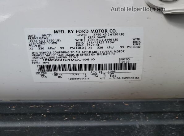 1FM5K8HC1MGC19510 2021 FORD FORD EXPLORER White VIN კოდის სტიკერის ხედი