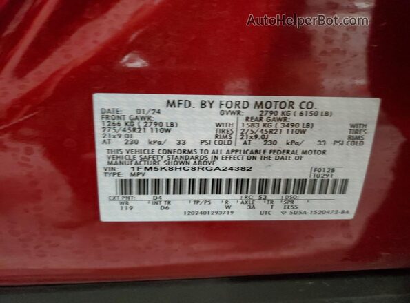 1FM5K8HC8RGA24382 2024 FORD FORD EXPLORER Red Вид наклейки з VIN-кодом