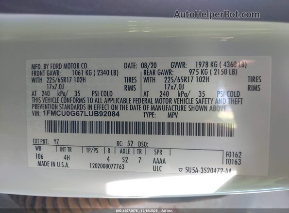 1FMCU0G67LUB92084 2020 FORD ESCAPE White Engine compartment view