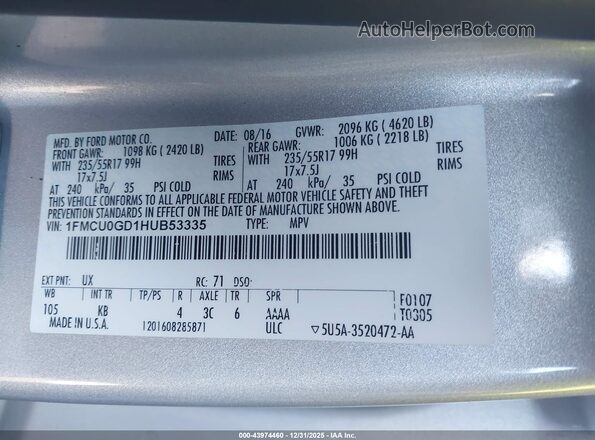 1FMCU0GD1HUB53335 2017 FORD ESCAPE Silver Engine compartment view