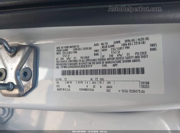1FMCU0GD9JUD23317 2018 FORD ESCAPE White Widok komory silnika
