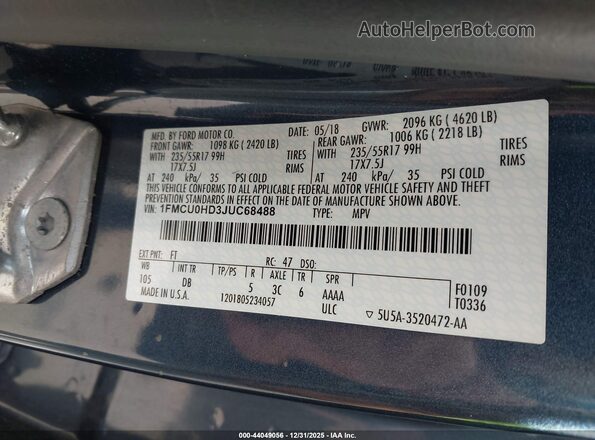 1FMCU0HD3JUC68488 2018 FORD ESCAPE Синий Вид подкапотного пространства