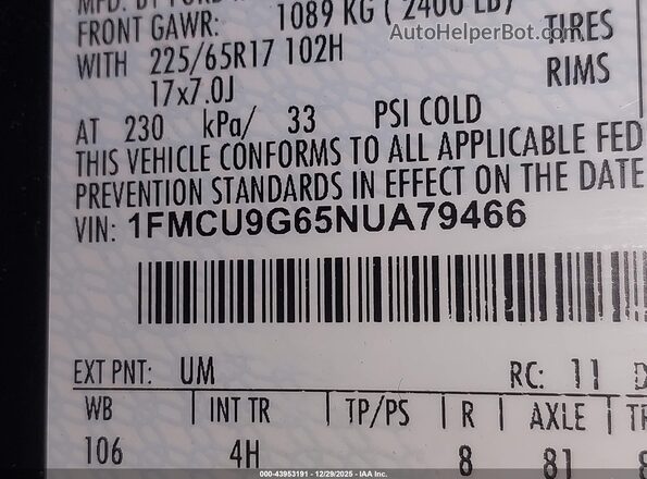 1FMCU9G65NUA79466 2022 FORD ESCAPE Black Շարժիչի բաժամունքի տեսք