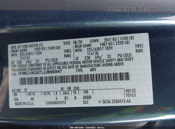 1FMCU9G67LUB96947 2020 FORD ESCAPE Blue Engine compartment view