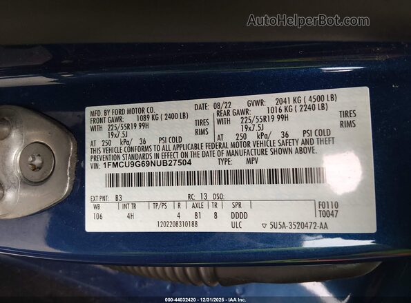 1FMCU9G69NUB27504 2022 FORD ESCAPE Blue Շարժիչի բաժամունքի տեսք