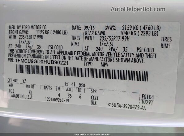1FMCU9GD0HUB90221 2017 FORD ESCAPE Белый Вид подкапотного пространства