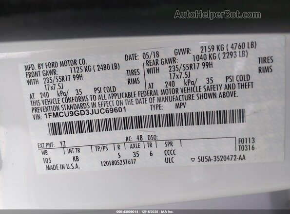 1FMCU9GD3JUC69601 2018 FORD ESCAPE White Շարժիչի բաժամունքի տեսք