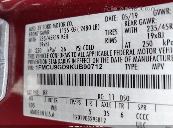1FMCU9GD9KUB90712 2019 FORD ESCAPE Burgundy 