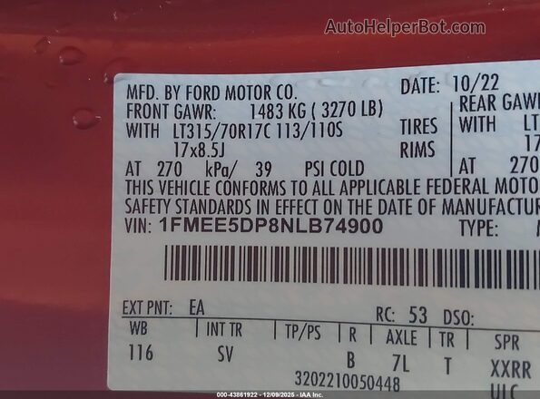 1FMEE5DP8NLB74900 2022 FORD BRONCO Red 