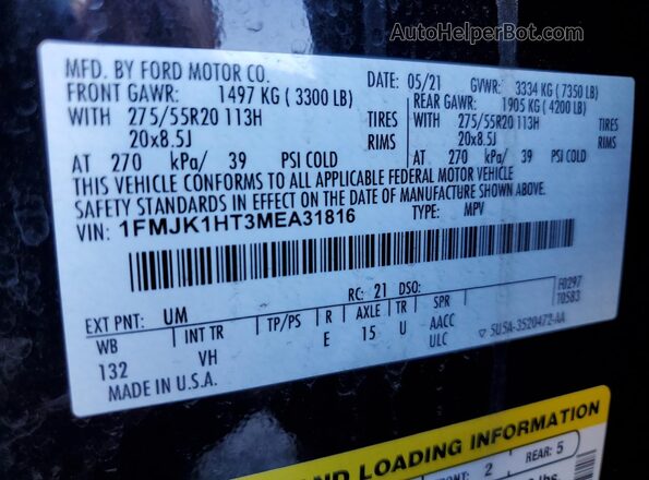 1FMJK1HT3MEA31816 2021 FORD EXPEDITION Black VIN sticker view