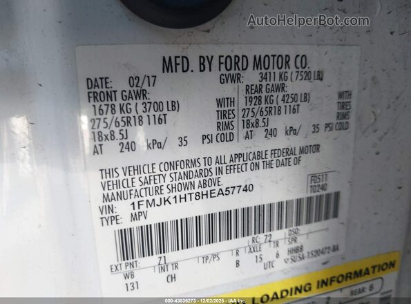 1FMJK1HT8HEA57740 2017 FORD EXPEDITION EL White Вид підкапотного простору