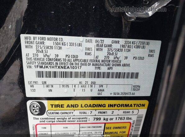 1FMJK1HTXNEA10317 2022 FORD EXPEDITION MAX Black 