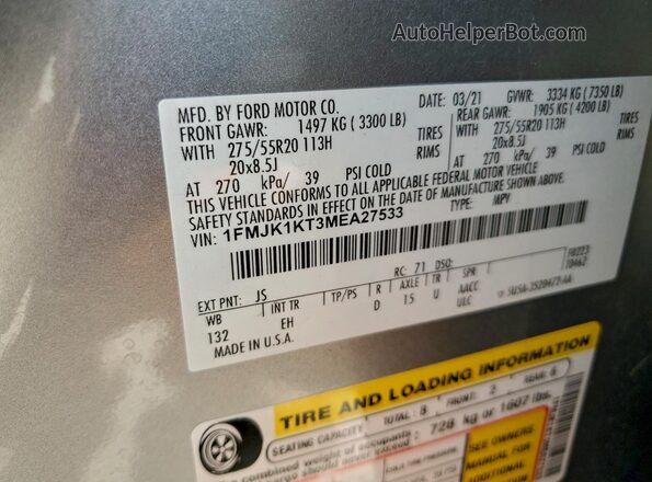 1FMJK1KT3MEA27533 2021 FORD EXPEDITION Silver 360 interior view