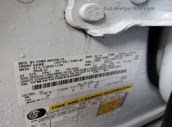 1FMJK1KT9KEA42907 2019 FORD EXPEDITION White 