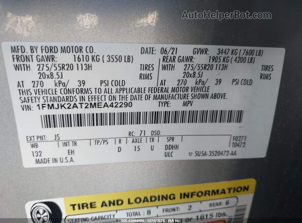 1FMJK2AT2MEA42290 2021 FORD EXPEDITION Silver Engine compartment view