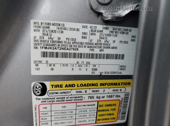 1FMJK2AT2NEA27628 2022 FORD EXPEDITION Gray VIN sticker view