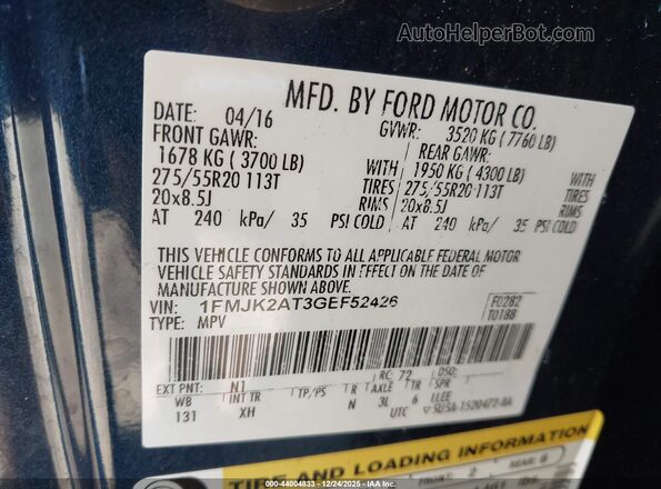 1FMJK2AT3GEF52426 2016 FORD EXPEDITION EL Dark Blue ძრავის განყოფილების ხედი