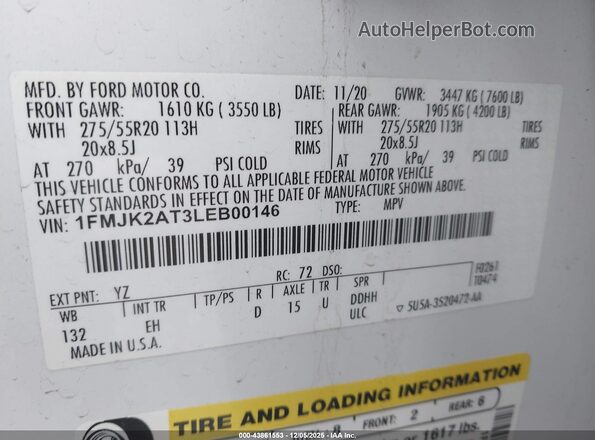 1FMJK2AT3LEB00146 2020 FORD EXPEDITION White ძრავის განყოფილების ხედი