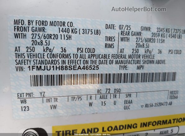 1FMJU1H88SEA46525 2025 FORD EXPEDITION White 