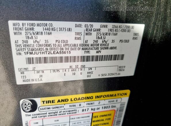1FMJU1HT2LEA55615 2020 FORD EXPEDITION Gray Вид наклейки з VIN-кодом