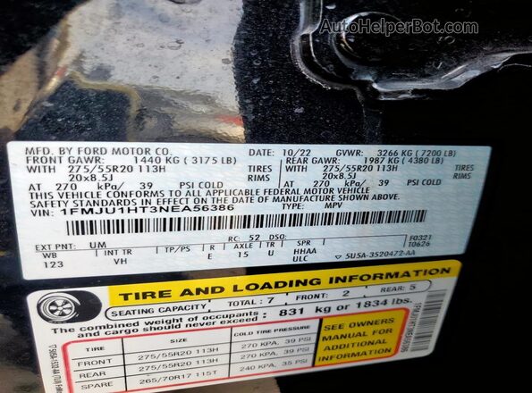 1FMJU1HT3NEA56386 2022 FORD EXPEDITION Black Widok naklejki z numerem VIN