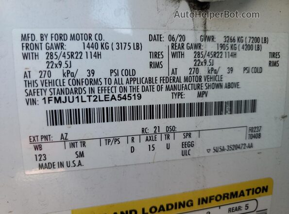 1FMJU1LT2LEA54519 2020 FORD EXPEDITION White VIN კოდის სტიკერის ხედი
