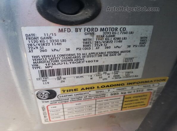 1FMJU1LT5GEF18019 2016 FORD EXPEDITION Silver VIN კოდის სტიკერის ხედი