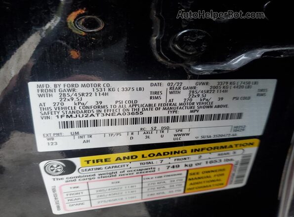 1FMJU2AT3NEA03655 2022 FORD EXPEDITION Black Widok naklejki z numerem VIN