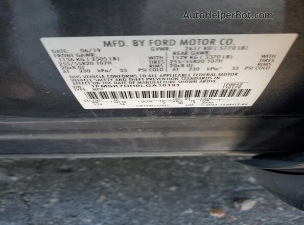 1FMSK7DH0LGA10191 2020 FORD FORD EXPLORER Gray Vista de la etiqueta del VIN