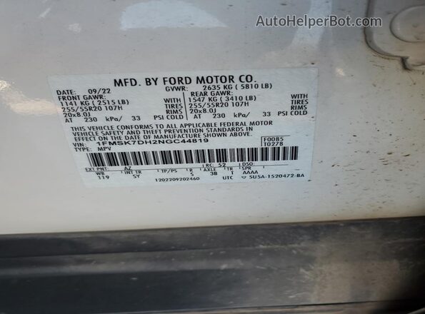 1FMSK7DH2NGC44819 2022 FORD FORD EXPLORER White Вид наклейки з VIN-кодом