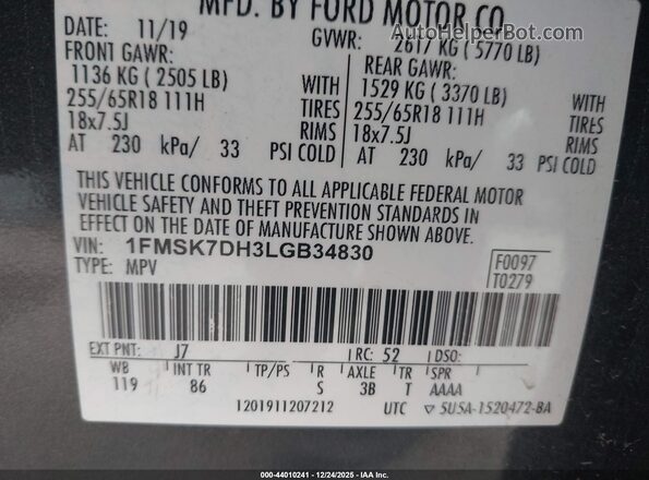 1FMSK7DH3LGB34830 2020 FORD FORD EXPLORER Gray Widok komory silnika
