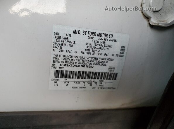 1FMSK7DH4LGB18202 2020 FORD FORD EXPLORER White Widok komory silnika