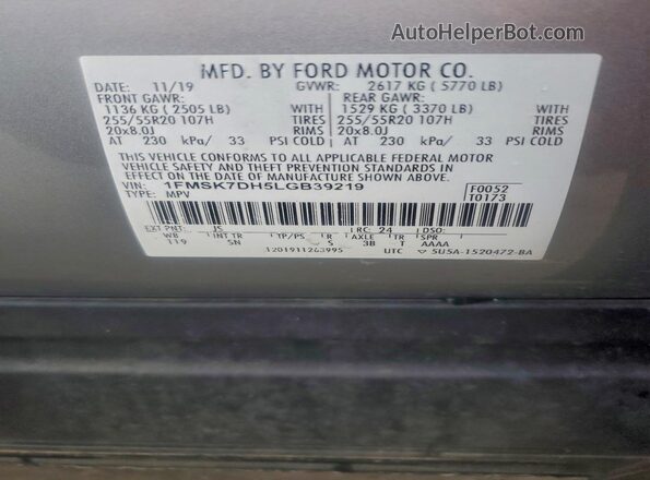 1FMSK7DH5LGB39219 2020 FORD FORD EXPLORER Silver Вид наклейки з VIN-кодом