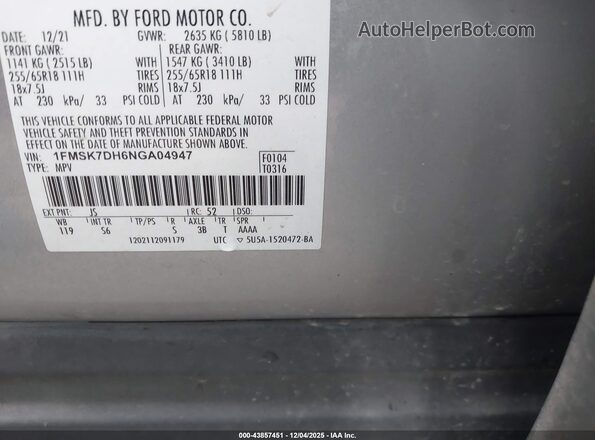 1FMSK7DH6NGA04947 2022 FORD FORD EXPLORER Gray Engine compartment view