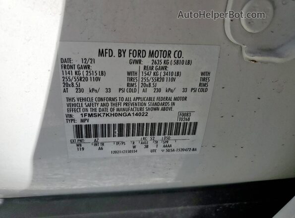 1FMSK7KH0NGA14022 2022 FORD FORD EXPLORER White VIN კოდის სტიკერის ხედი