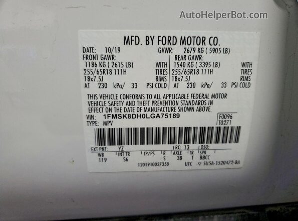 1FMSK8DH0LGA75189 2020 FORD FORD EXPLORER White Vista de la etiqueta del VIN