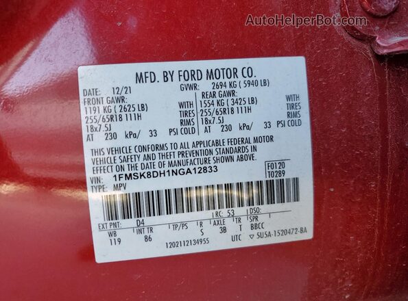 1FMSK8DH1NGA12833 2022 FORD FORD EXPLORER Maroon VIN sticker view