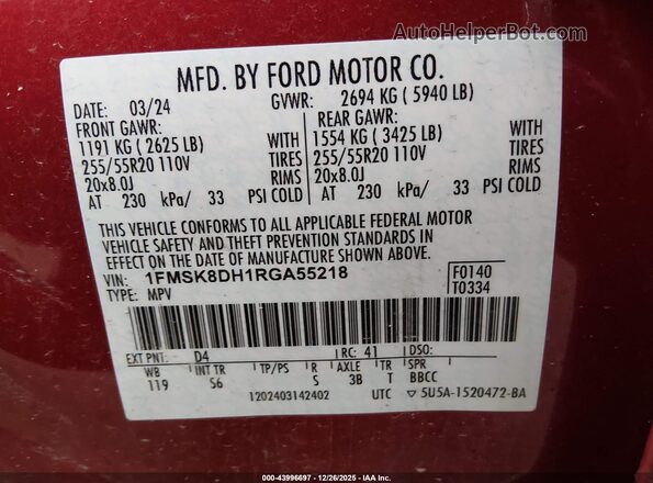 1FMSK8DH1RGA55218 2024 FORD FORD EXPLORER Красный Вид подкапотного пространства