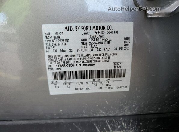 1FMSK8DH4RGA58680 2024 FORD FORD EXPLORER Silver VIN sticker view