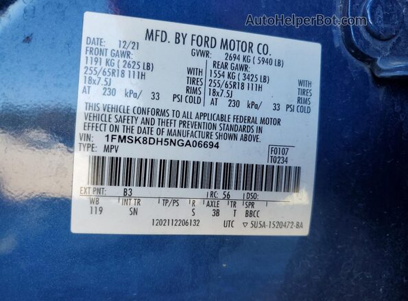 1FMSK8DH5NGA06694 2022 FORD FORD EXPLORER Blue VIN sticker view