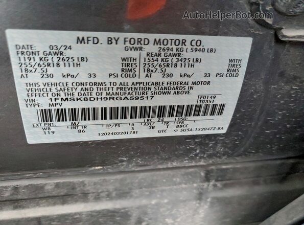 1FMSK8DH9RGA59517 2024 FORD FORD EXPLORER Gray Vista de la etiqueta del VIN